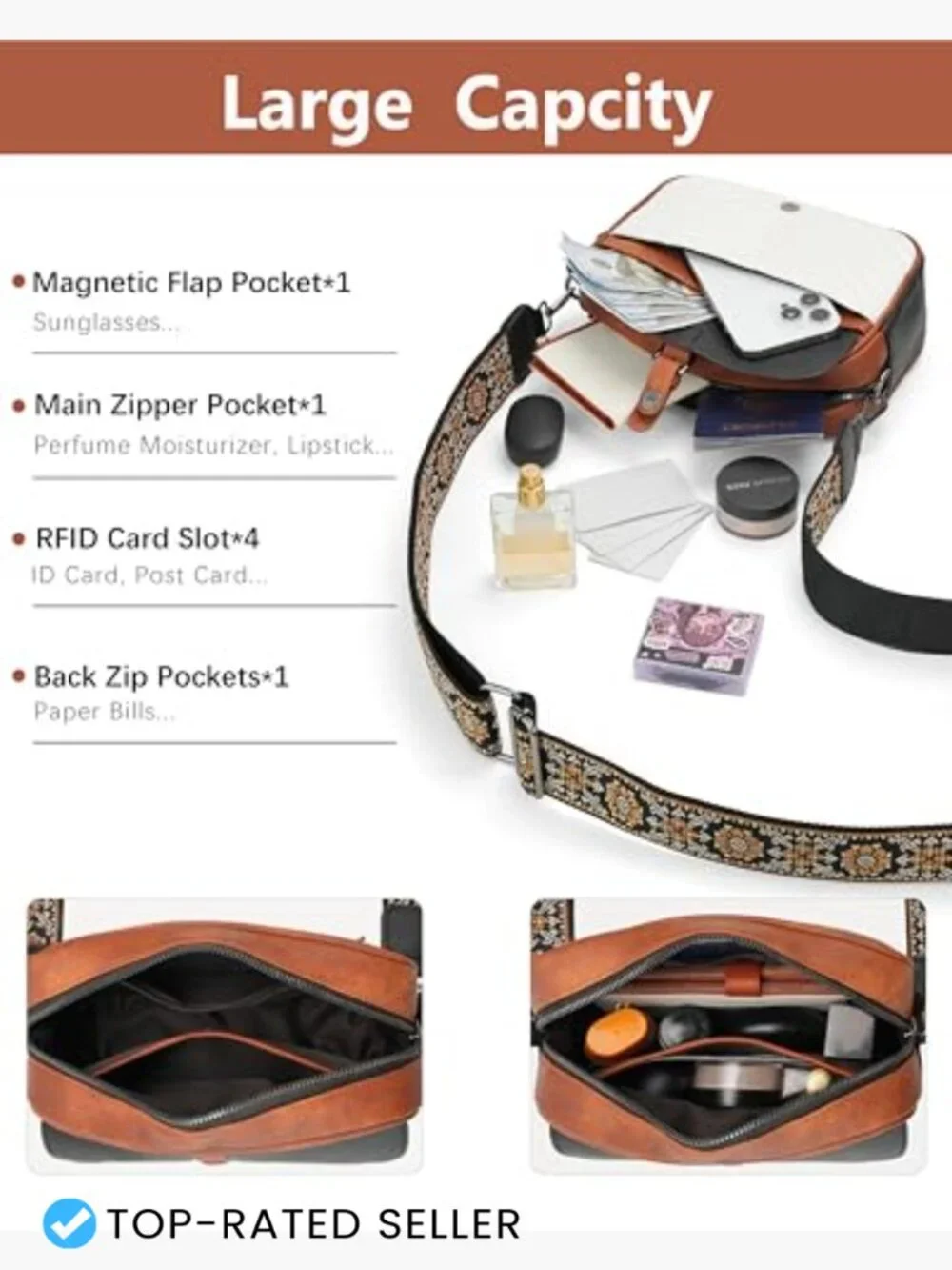 Quilted Vegan Leather Crossbody Purse with RFID Card Slots Adjustable Wide Strap